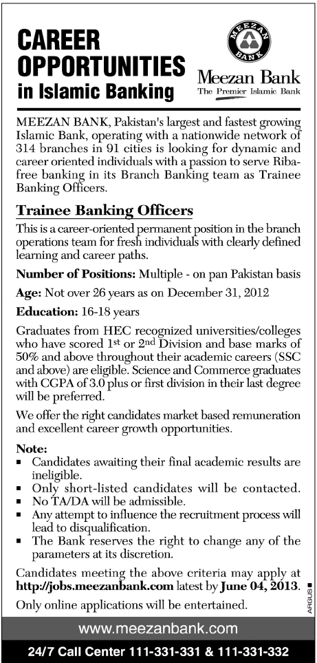 Meezan Bank Jobs May 2013 Latest for Trainee Banking Officers in Islamic Banking