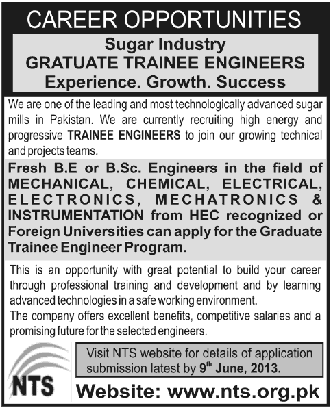Trainee Engineer Jobs in Pakistan 2013 May / June Latest in Sugar Industry through NTS