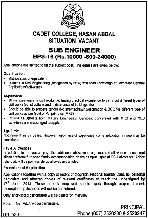 Cadet College Hasan Abdal Job 2013 Sub Engineer - Civil Engineering