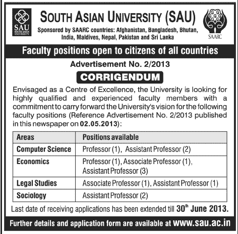 Corrigendum: Teaching Faculty Jobs at South Asian University (SAU) New Delhi 2013 June
