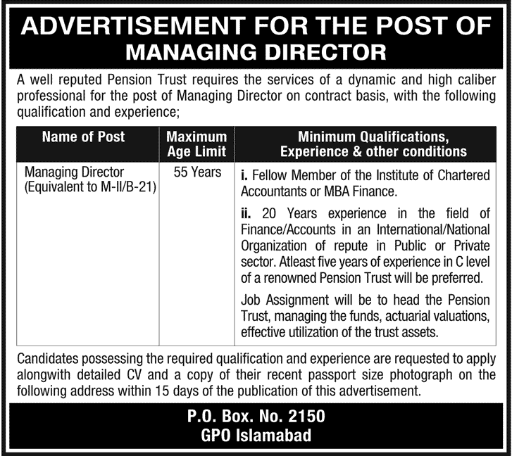 Chartered Accountant Jobs in Pakistan 2013 June as Managing Director of a Pension Trust in Islamabad