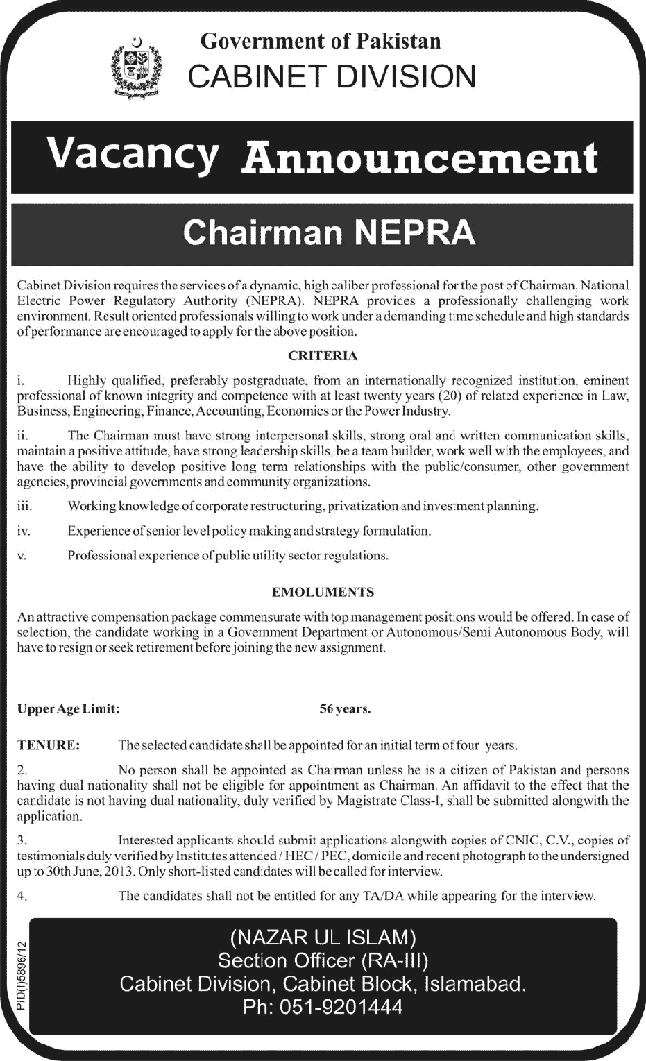 National Electric Power Regulatory Authority (NEPRA) Job for Chairman 2013 June through Cabinet Division