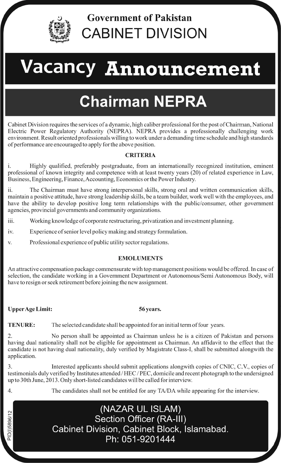 Cabinet Division Pakistan Job 2013 for Chairman NEPRA (National Electric Power Regulatory Authority)