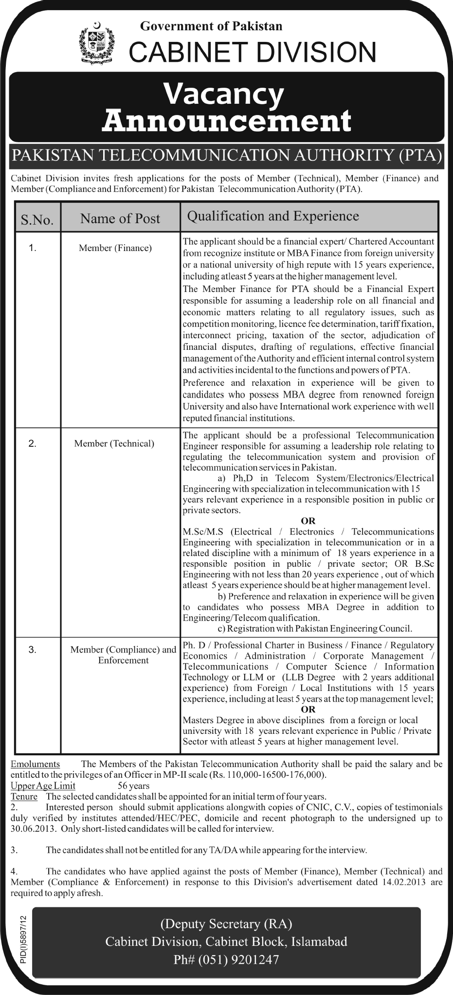 Cabinet Division Pakistan Jobs 2013 for Pakistan Telecommunication Authority Islamabad Members