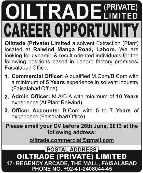 Administration / Accounts / Commercial Officer Jobs in Lahore / Faisalabad at Oiltrade (Private) Limited