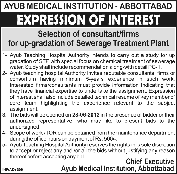 Ayub Medical Institute Abbottabad EOI 2013 Consultant for  Upgradation of Sewerage Treatment Plant
