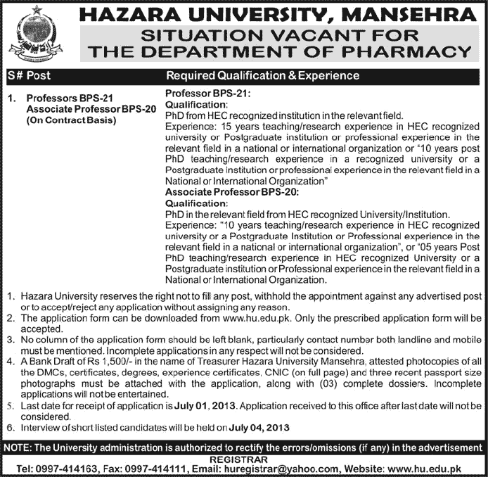 Hazara University Mansehra Jobs 2013 June Professors & Associate Professors in Department of Pharmacy