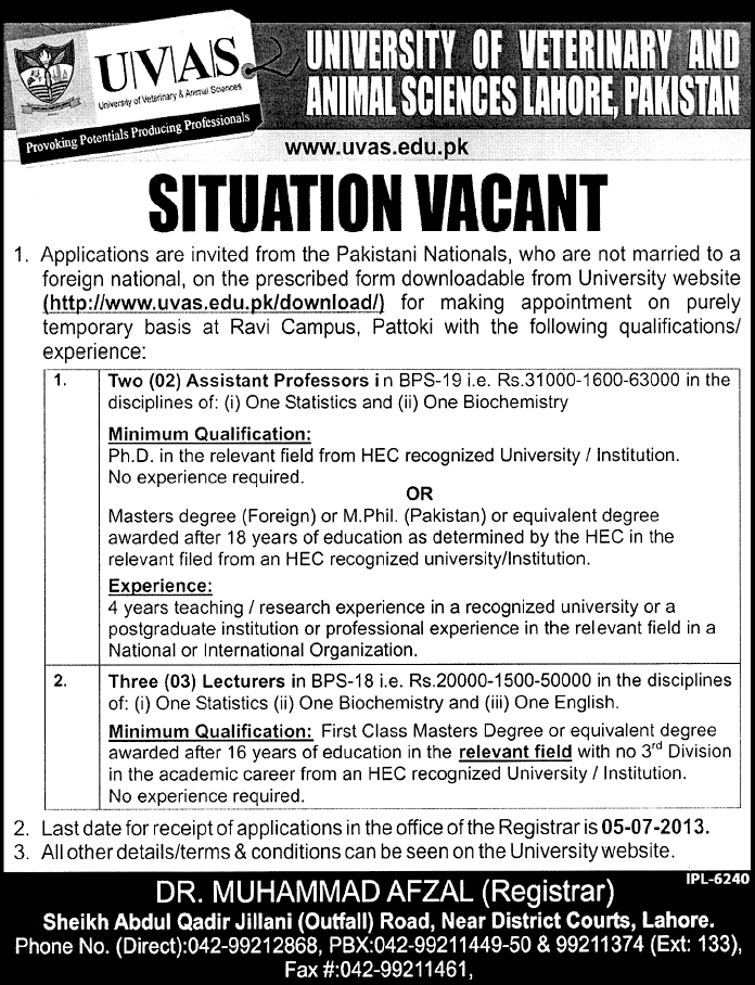 UVAS Lahore Jobs 2013 June for Faculty (Assistant Professors & Lecturers)