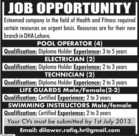 Jobs in Lahore at a Health & Fitness Club 2013 Pool Operators, Electricians, Technicians, Life Guards & Swimming Instructors