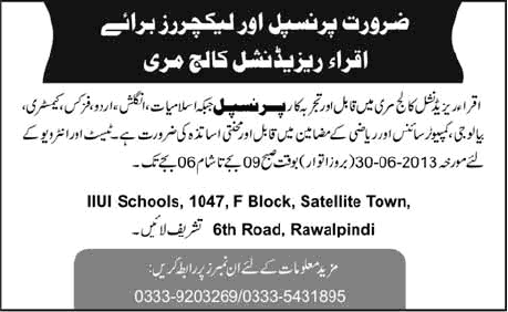 Iqra Residential College Murree Jobs 2013 June for Principal & Lecturers