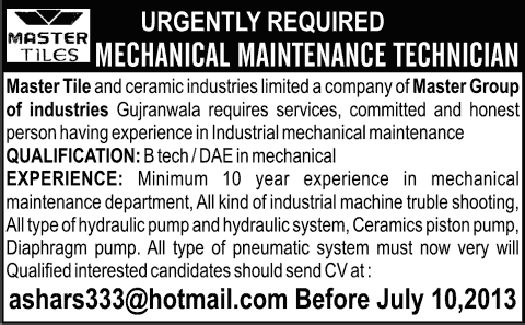 Master Tiles Gujranwala Jobs 2013 June / July Mechanical Engineer (DAE / B.Tech.) as Maintenance Technician