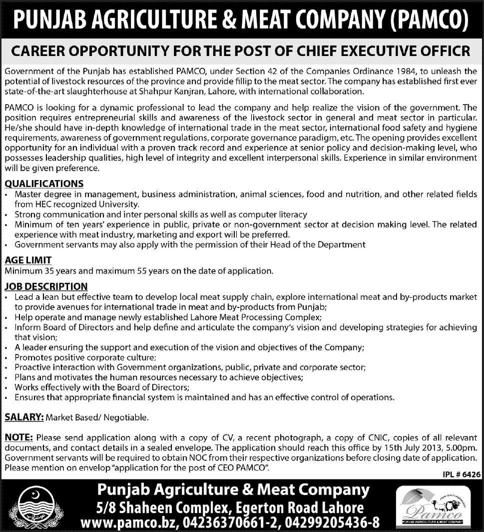 Punjab Agriculture & Meat Company Lahore Jobs 2013 June / July for Chief Executive Officer (CEO) PAMCO
