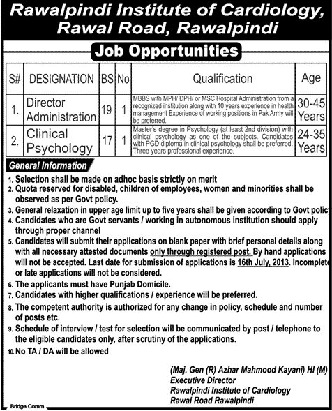 Rawalpindi Institute of Cardiology Jobs July 2013 RIC Director Administration & Clinical Psychology