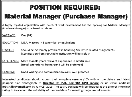 Purchase Manager Jobs in Lahore 2013 July Pakistan Latest at Pearl Continental (PC) Hotel