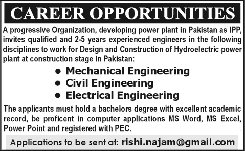 Electrical / Mechanical / Civil Engineering Jobs in Pakistan July 2013 for Design & Construction of Hydroelectric Power Plant