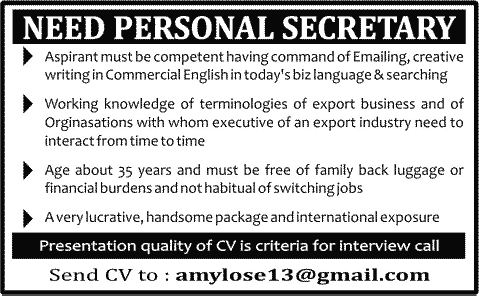 Latest Personal Secretary Jobs in Karachi 2013 July Advertisement