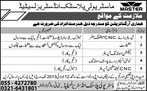 Master Poly Plastic Industries Limited Gujranwala Jobs 2013 July Latest Advertisement