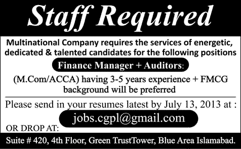 Finance Manager & Auditor Jobs in Islamabad 2013 July at a Multinational Company
