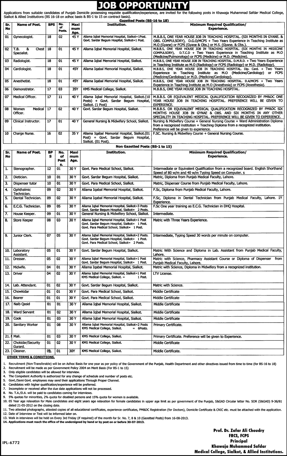 Khawaja Muhammad Safdar Medical College Sialkot Jobs 2013 July KMSMC / KMS & Allied Institutions Latest Ad