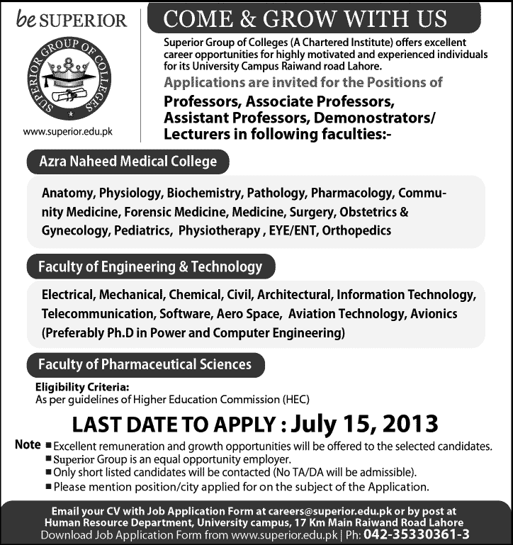 Superior Group of Colleges Lahore Jobs 2013 July Faculty (Assistant / Associate / Professors & Lecturers / Demonstrators)