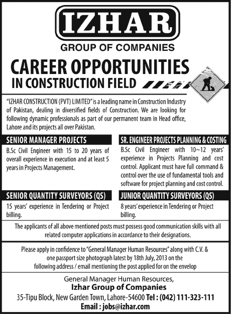 Izhar Construction (Private) Limited Jobs 2013 July Lahore & Pakistan for Project Manager / Engineer & Quantity Surveyors