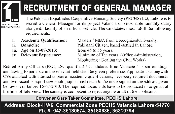 General Manager Jobs in Lahore 2013 July at Valancia Project of PECHS Lahore (Pakistan Expatriates Cooperative Housing Society)