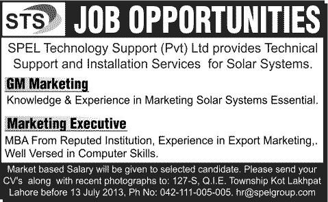 Marketing Jobs in Lahore 2013 July Latest at SPEL Technology Support (STS) Private Limited