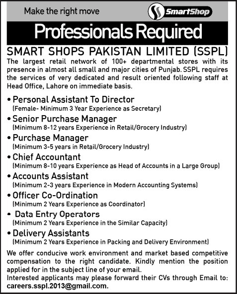 Smart Shops Jobs in Lahore 2013 July SSPL Latest Advertisement in Jang