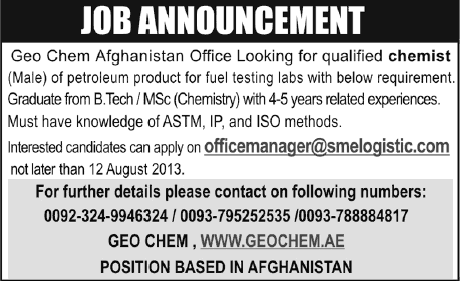 Petroleum Chemist Jobs in Geo Chem Afghanistan Office 2013 August Latest for Pakistanis