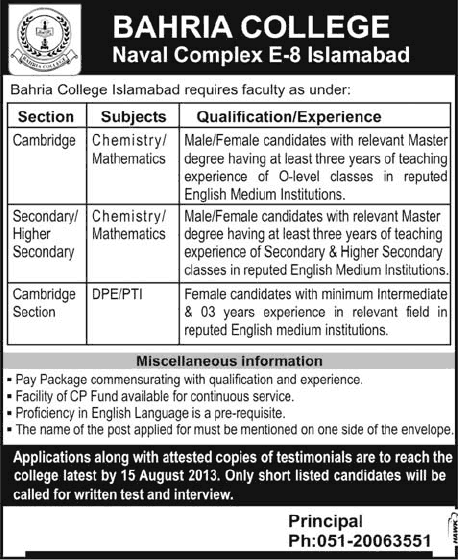 Bahria College Islamabad Jobs 2013 August for Teachers Latest Advertisement