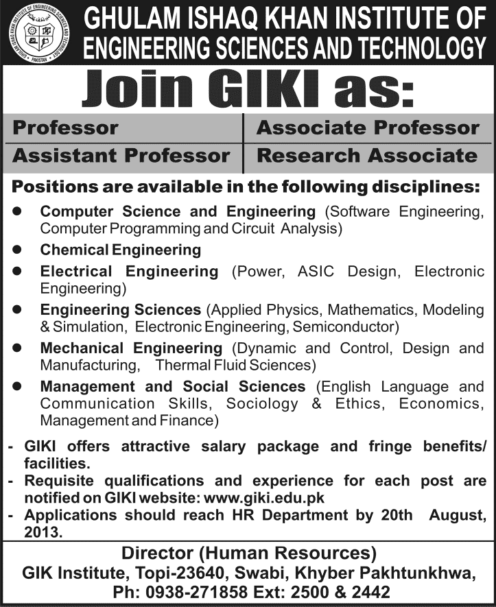 GIKI Jobs 2013 August in Topi, Swabi for Faculty (Assistant / Associate / Professors & Research Associates)