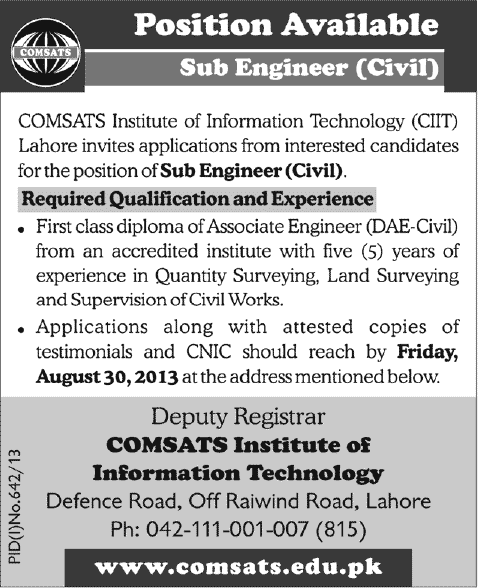 DAE Civil Jobs in Lahore 2013 August Latest Sub Engineer Civil at COMSATS Institute of Information Technology (CIIT)