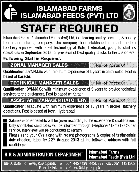 Islamabad Farms / Feeds (Private) Limited Jobs 2013 August Hatchery / Technical / Sales Managers in Karachi & Hyderabad