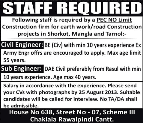 Civil Engineering Jobs in Pakistan August 2013 Earthwork & Road Construction at Chaudhry Construction Company