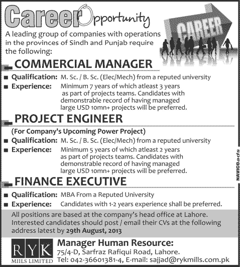 Commercial Manager, Project Engineer & Finance Executive Jobs in Lahore 2013 August at RYK Mills Limited