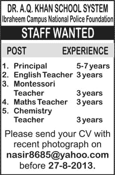 Teaching Jobs in Islamabad 2013 August Latest at Dr. A. Q. Khan School System