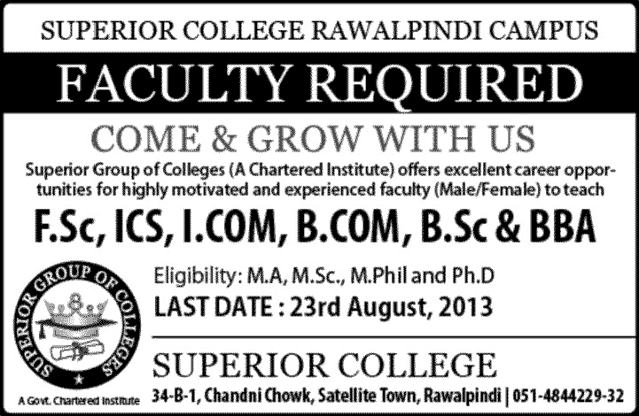 College Teaching Jobs in Rawalpindi 2013 August Latest Faculty at Superior College