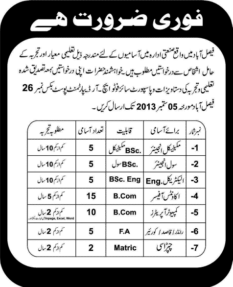 Jobs in Faisalabad 2013 August Mechanical / Civil / Electrical Engineers, Accounts Officers, Computer Operators, Qasid & Peon