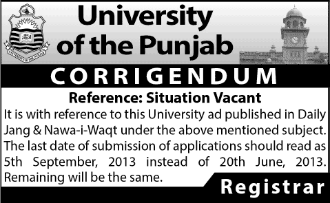 University of the Punjab Jobs 2013 August Lahore - Corrigendum