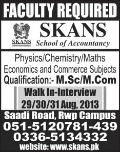 SKANS Rawalpindi Jobs 2013 August Teachers for Physics, Chemistry, Mathematics, Economics & Commerce Subjects