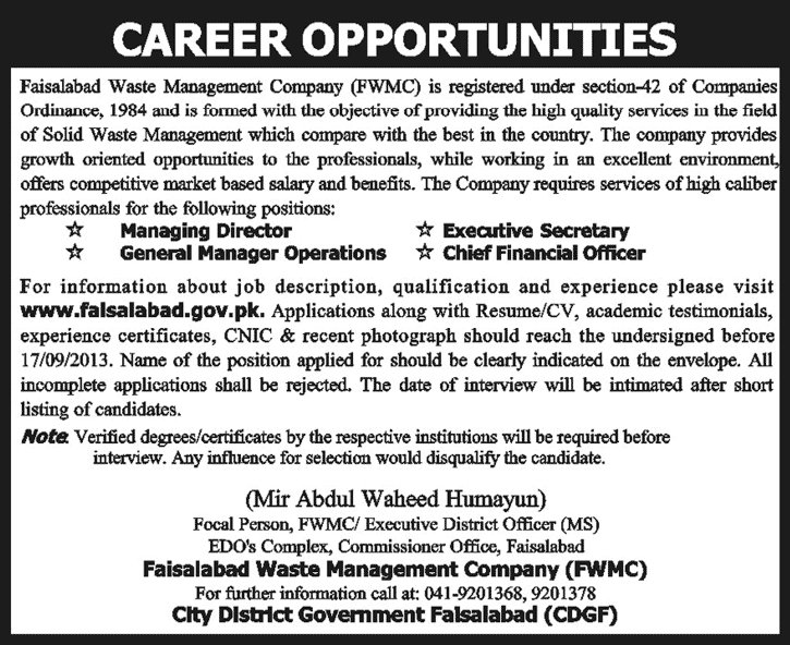 Faisalabad Waste Management Company (FWMC) Jobs 2013 September Latest Advertisement