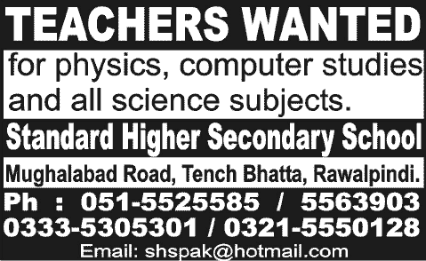 Teaching Jobs in Rawalpindi September 2013 in Tench Bhatta Latest at Standard Higher Secondary School