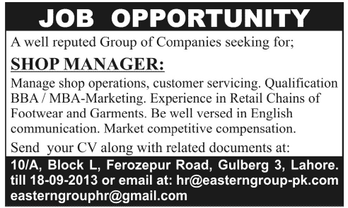Store Manager Jobs in Lahore 2013 September Latest Shop Manager at Eastern Group