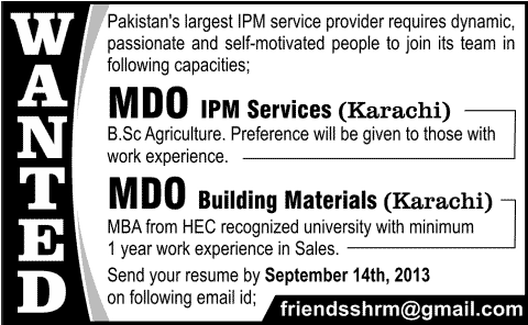 Building Materials & IPM Services Marketing Jobs in Karachi 2013 Market Development Officer (MDO)