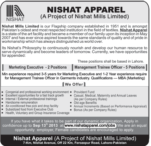 Nishat Apparel Jobs 2013 September Latest Management Trainee Officer & Marketing Executive