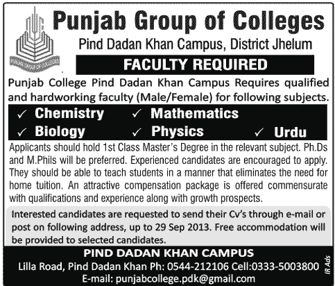 Punjab Group of Colleges Pind Dadan Khan Campus Jhelum Jobs 2013 September for Teaching Faculty