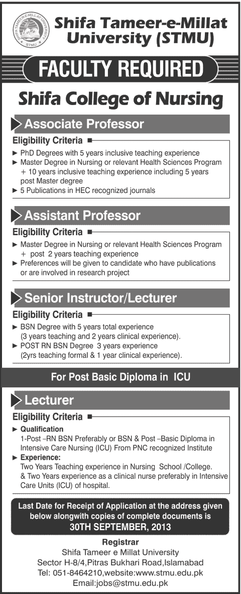 Medical Faculty Jobs at Shifa Tameer-e-Millat University (STMU) Islamabad 2013 September Shifa College of Nursing
