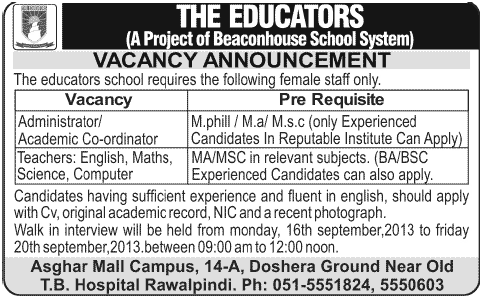 The Educators Asghar Mall Campus Rawalpindi Jobs 2013 September for Administrator & Teachers