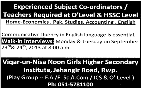 Subject Coordinators / Teachers Jobs in Rawalpindi 2013 September Viqar-un-Nisa Noon Girls Higher Secondary Institute