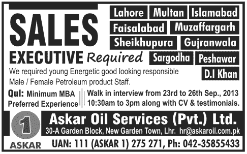 Sales Executive Jobs in Pakistan 2013 September at Askar Oil Services (Pvt.) Ltd